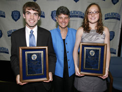 Director of Intercollegiate Athletics M. Dianne Murphy joins Maniatty Award winners Jeff Randall &#8217;09 and Hannah Galey &#8217;09 at the Varsity ‘C&#8217; Celebration. 